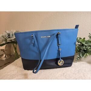 Michael Kors Blue and Black Tote with Silver Hardware